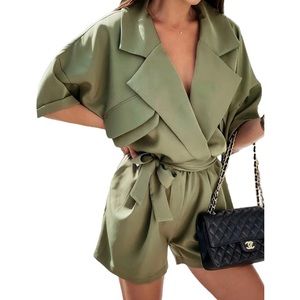 Women's V Neck Self Tie Waist Wide leg Shorts Romper Half Sleeve Jumpsuits